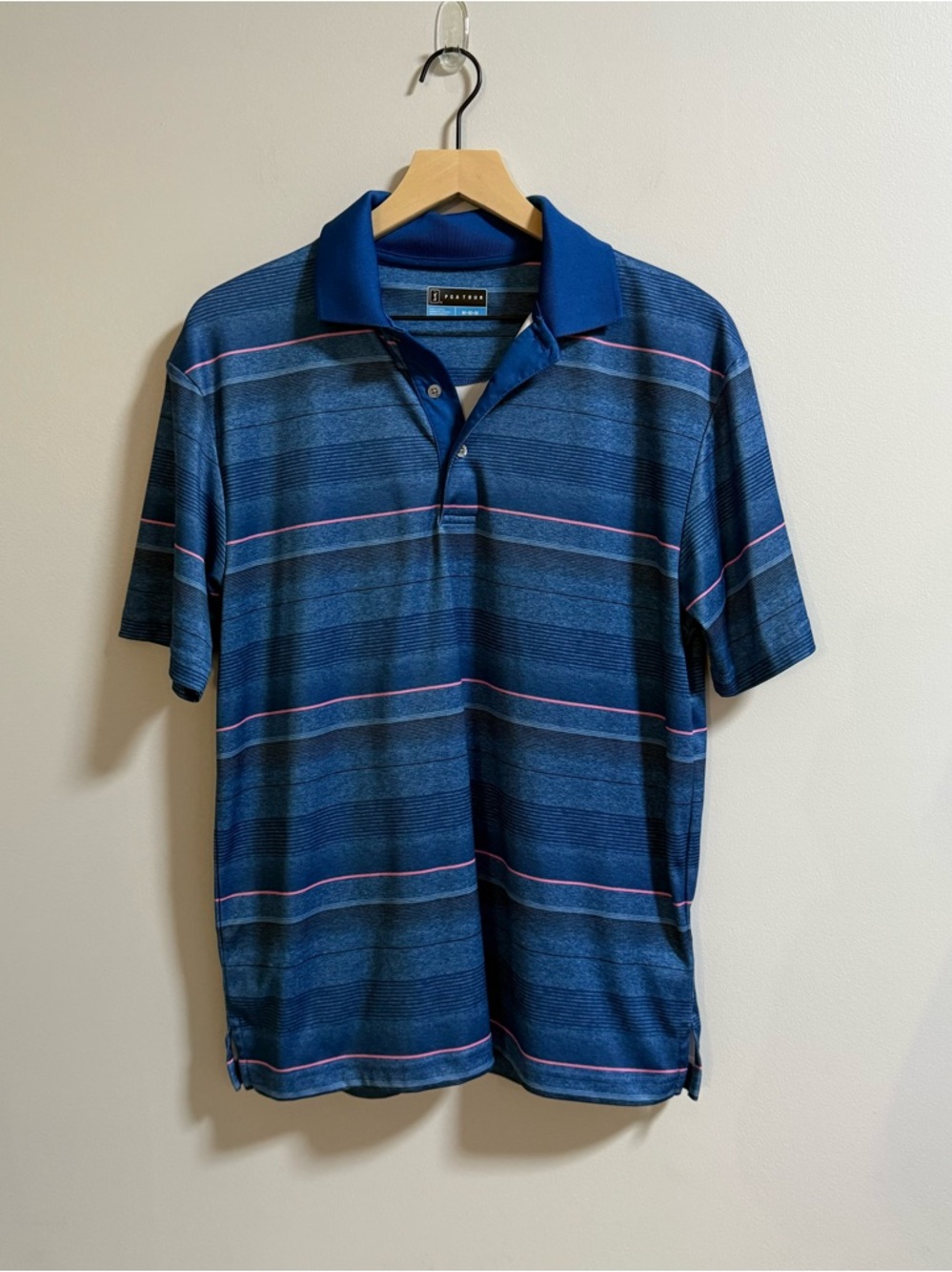 PGA Tour Men's Blue Striped Polo with Pink Accent